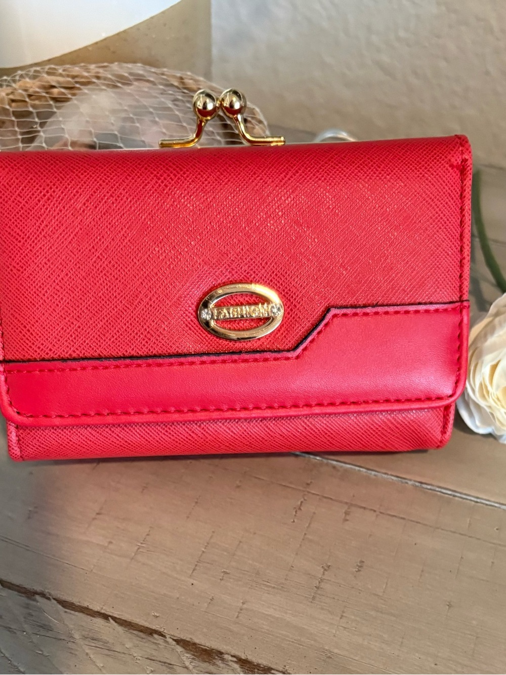 Fashion Brand Boutique vegan leather Red Women’s Wallet with Gold Accent